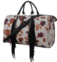 Load image into Gallery viewer, Large Tassled Cow Print Faux Leather Duffle Bag
