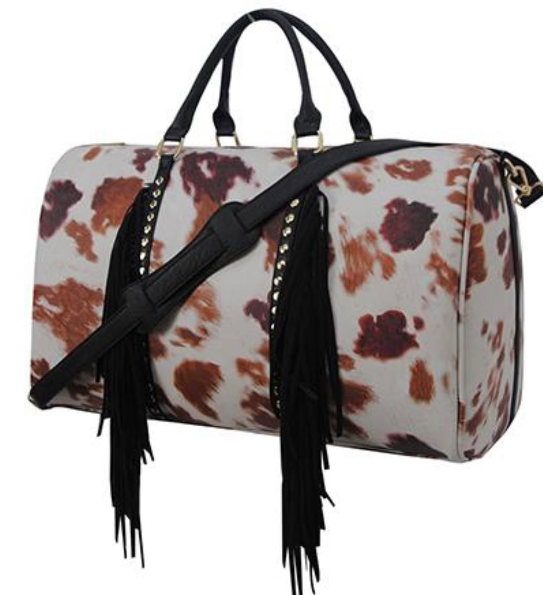 Large Tassled Cow Print Faux Leather Duffle Bag