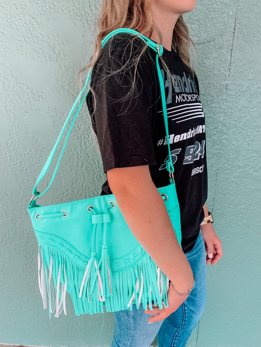 Night Out in Nashville Fringed Seafoam Purse