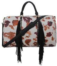 Load image into Gallery viewer, Large Tassled Cow Print Faux Leather Duffle Bag
