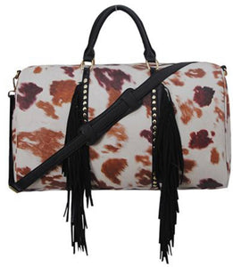 Large Tassled Cow Print Faux Leather Duffle Bag